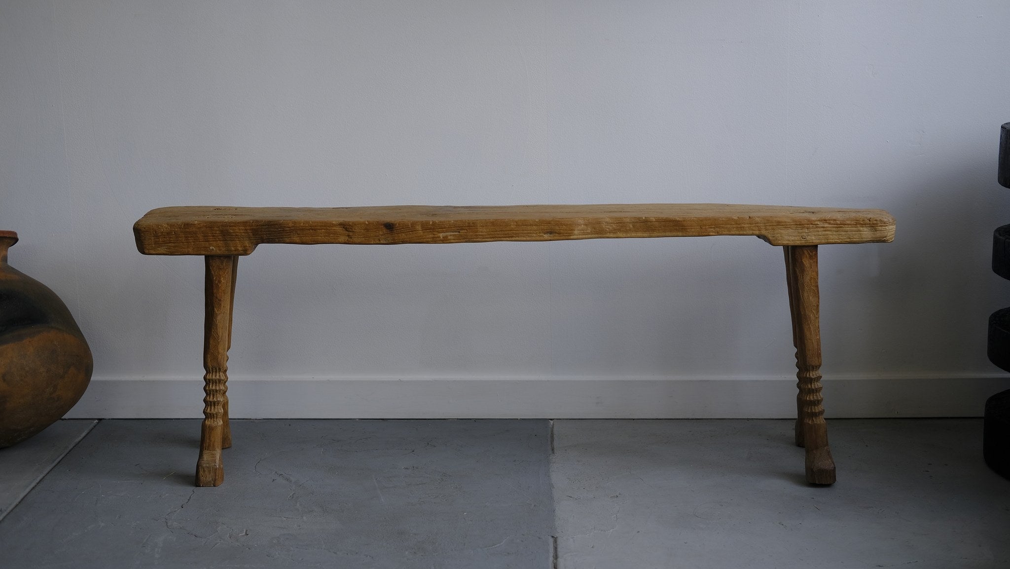 Footed bench with carved detail, aged teak wood (B) - Hand and Ember