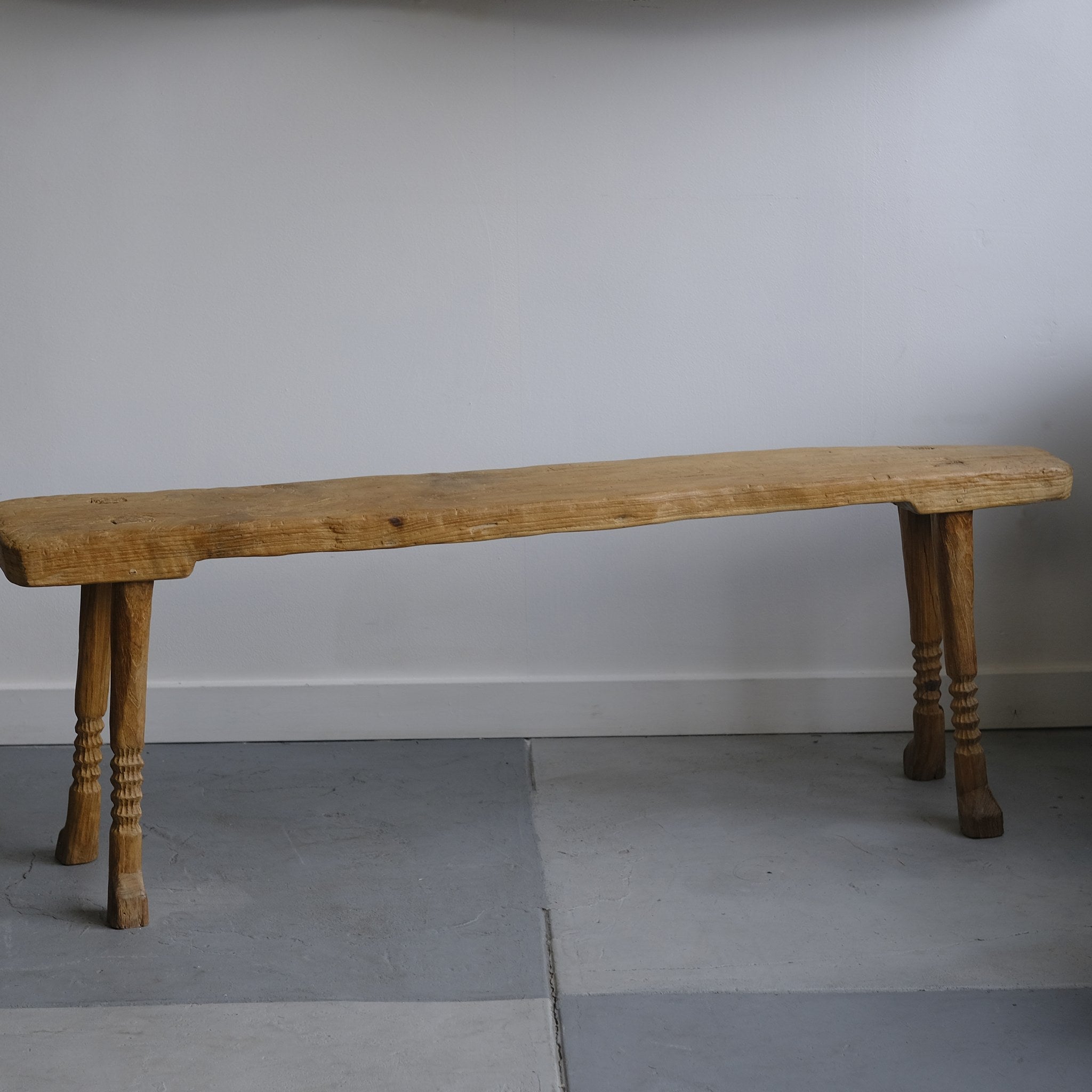 Footed bench with carved detail, aged teak wood (B) - Hand and Ember