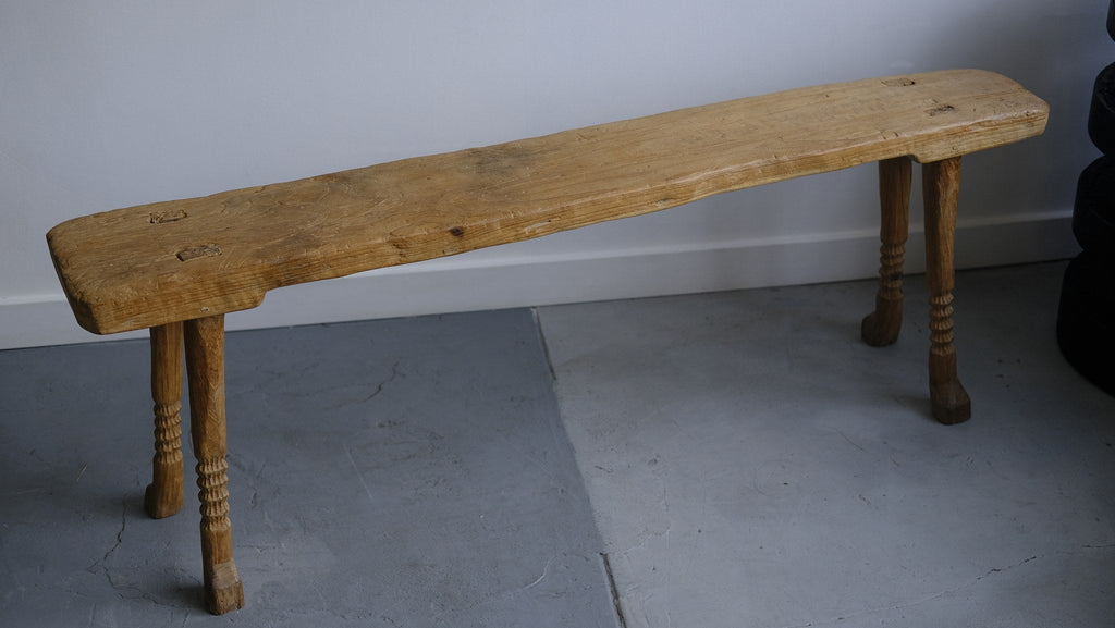 Footed bench with carved detail, aged teak wood (B) - Hand and Ember