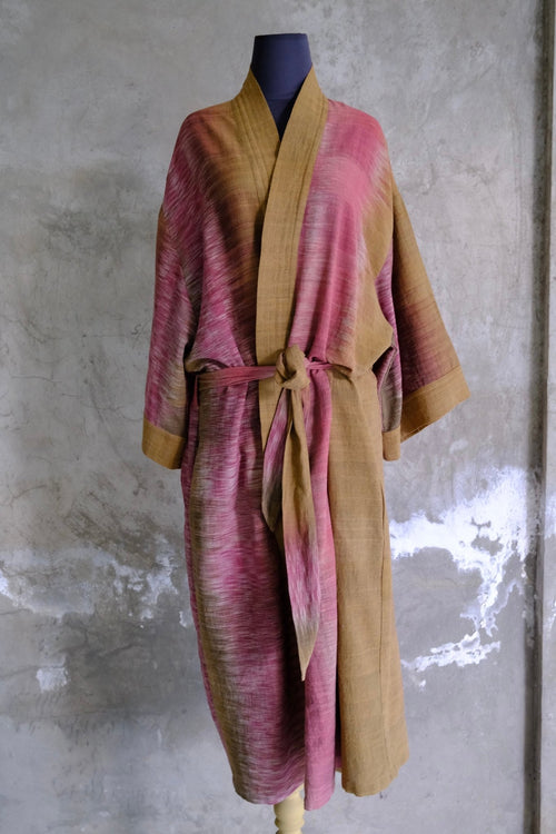 Gradient hand-dyed cotton kimono robe, The Mosslight, styled or worn view