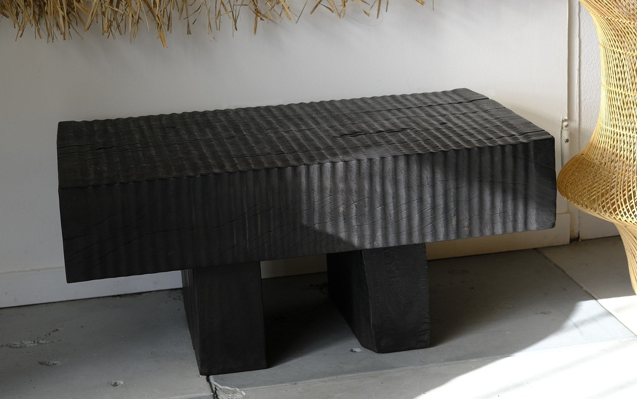 Ribbed slab bench, charred suar wood - Hand and Ember