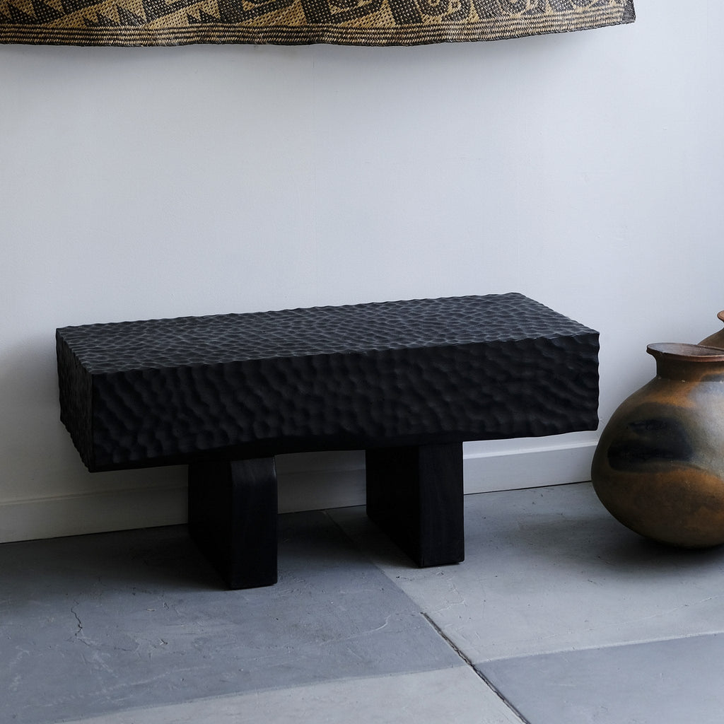 Textured slab bench, charred suar wood - Hand and Ember