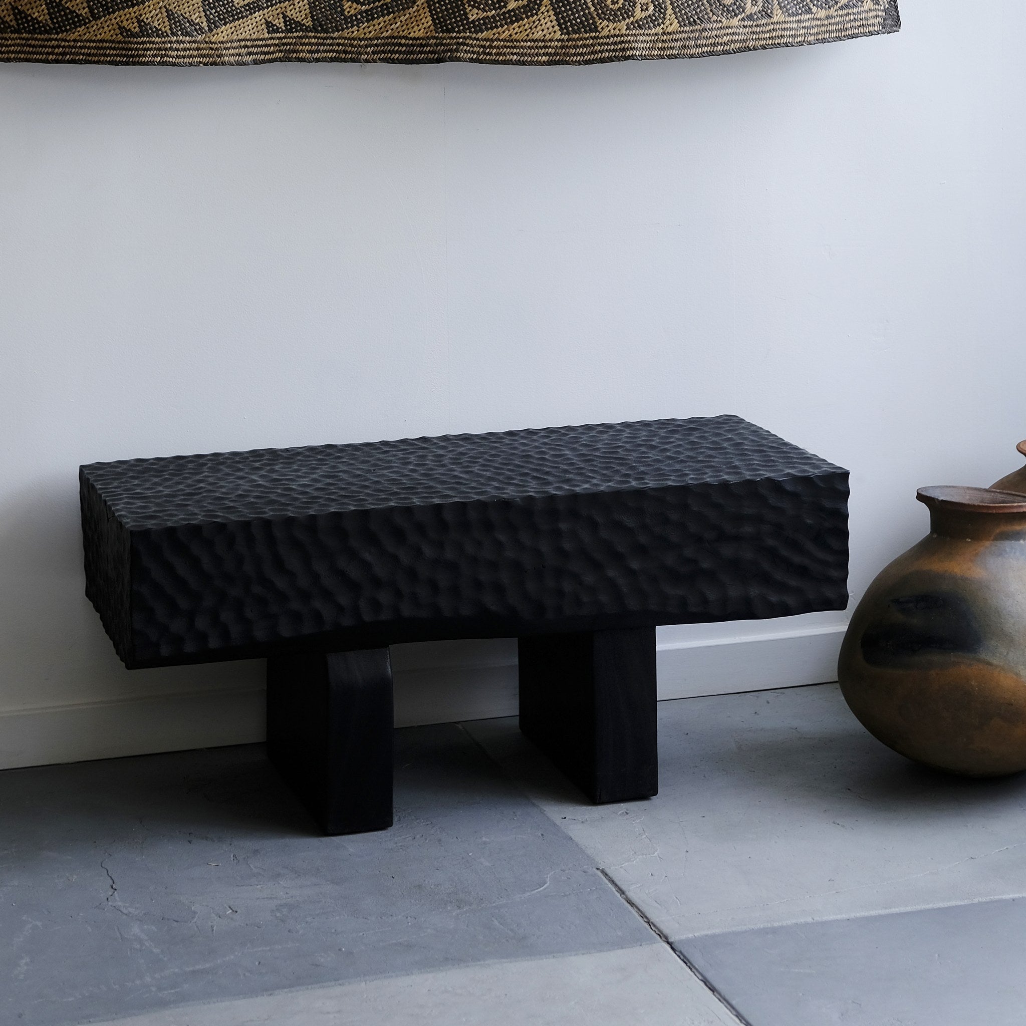 Textured slab bench, charred suar wood - Hand and Ember
